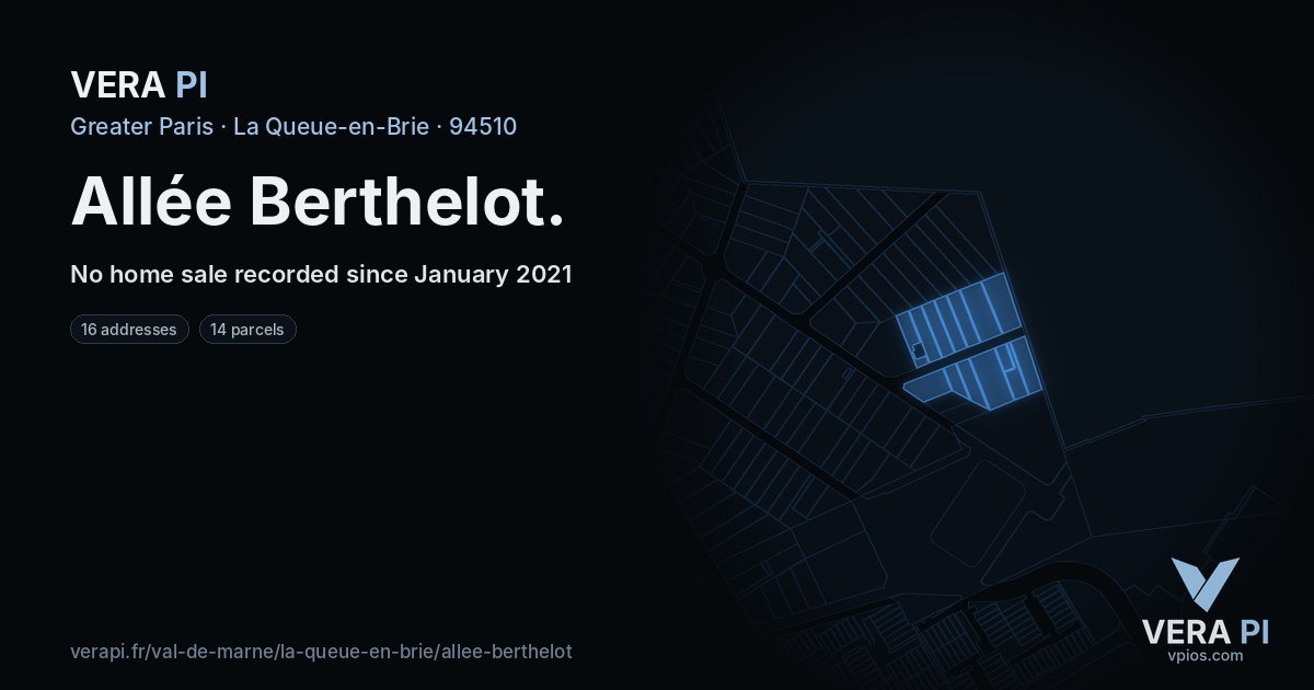 Allée Berthelot, La Queue-en-Brie at night – every parcel coloured by the prices around it, the street's own parcels lit