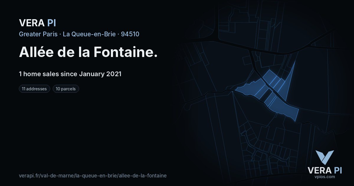 Allée de la Fontaine, La Queue-en-Brie at night – every parcel coloured by the prices around it, the street's own parcels lit