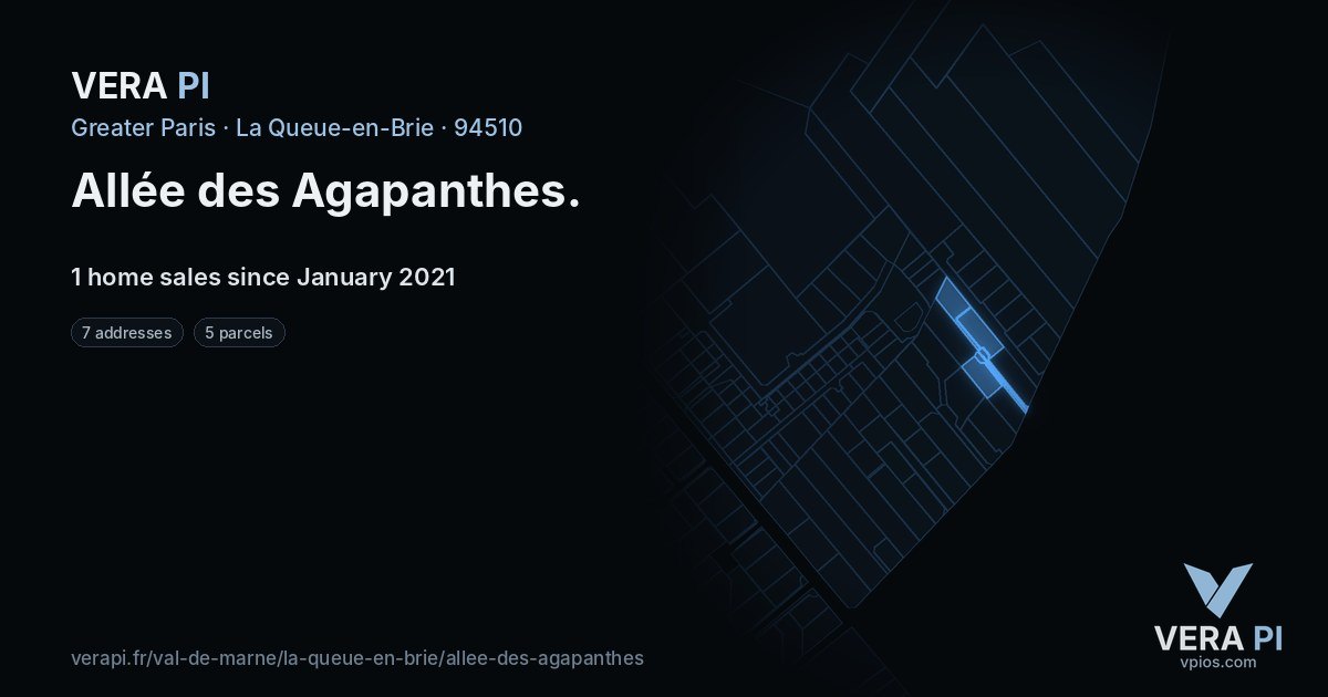 Allée des Agapanthes, La Queue-en-Brie at night – every parcel coloured by the prices around it, the street's own parcels lit