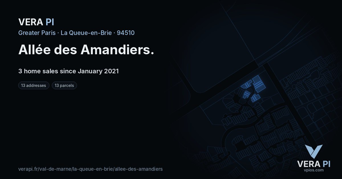 Allée des Amandiers, La Queue-en-Brie at night – every parcel coloured by the prices around it, the street's own parcels lit