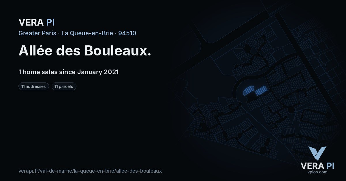 Allée des Bouleaux, La Queue-en-Brie at night – every parcel coloured by the prices around it, the street's own parcels lit