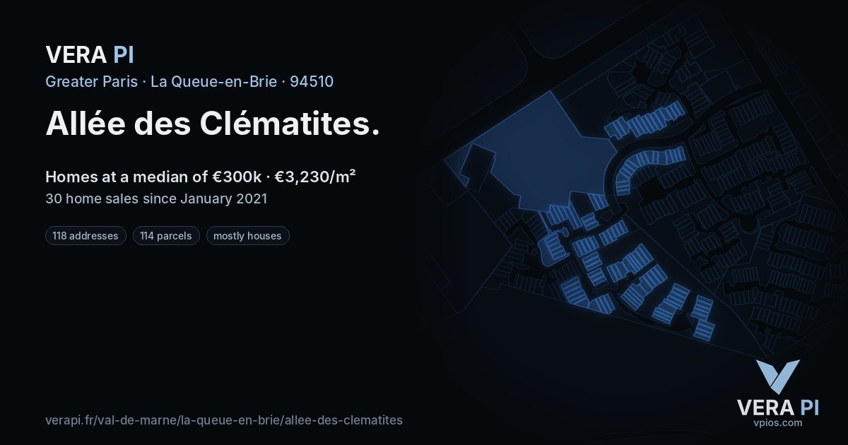 Allée des Clématites, La Queue-en-Brie at night – every parcel coloured by the prices around it, the street's own parcels lit