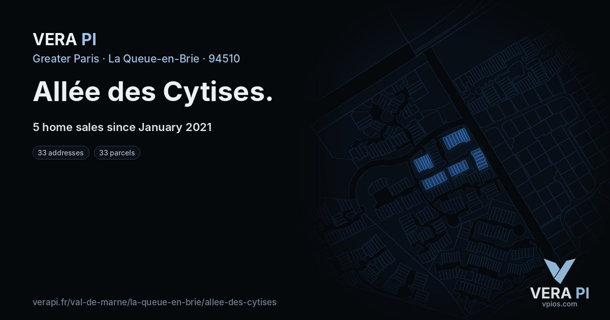 Allée des Cytises, La Queue-en-Brie at night – every parcel coloured by the prices around it, the street's own parcels lit