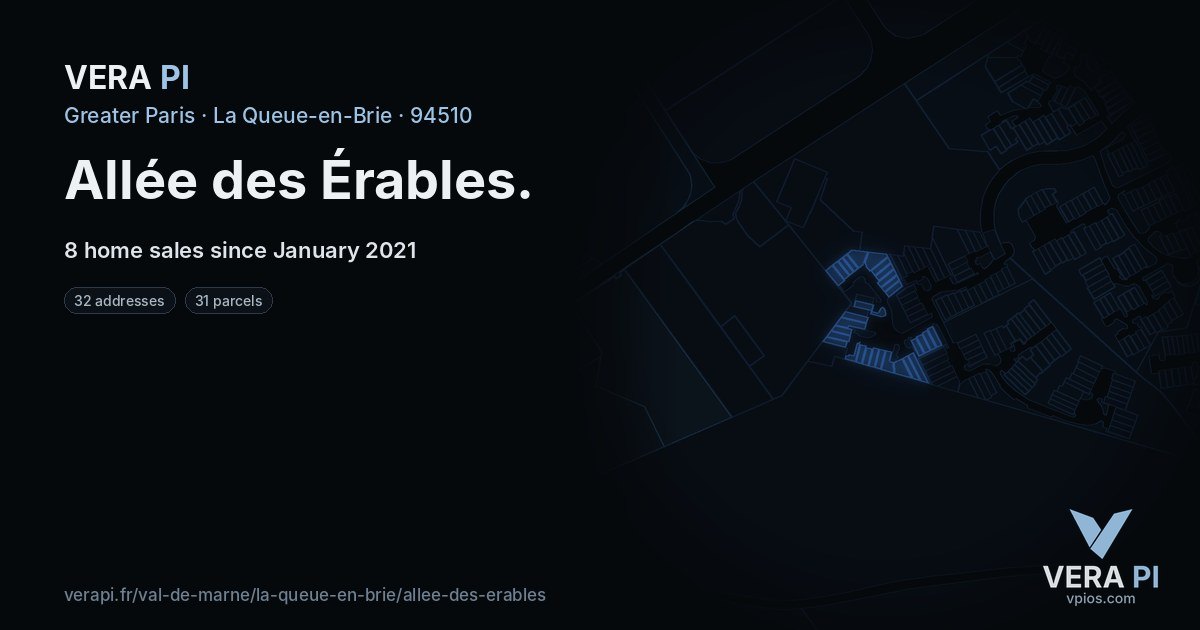 Allée des Érables, La Queue-en-Brie at night – every parcel coloured by the prices around it, the street's own parcels lit