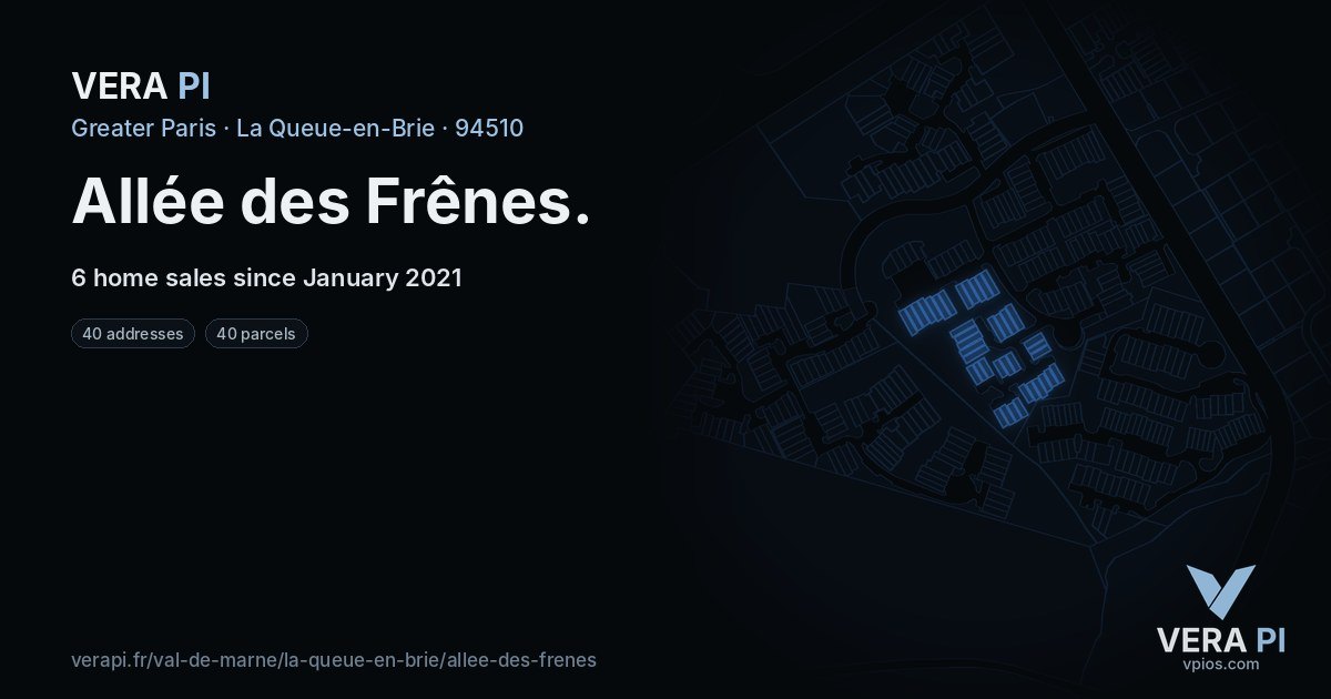 Allée des Frênes, La Queue-en-Brie at night – every parcel coloured by the prices around it, the street's own parcels lit