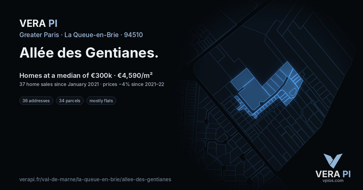 Allée des Gentianes, La Queue-en-Brie at night – every parcel coloured by the prices around it, the street's own parcels lit