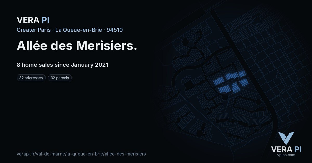 Allée des Merisiers, La Queue-en-Brie at night – every parcel coloured by the prices around it, the street's own parcels lit