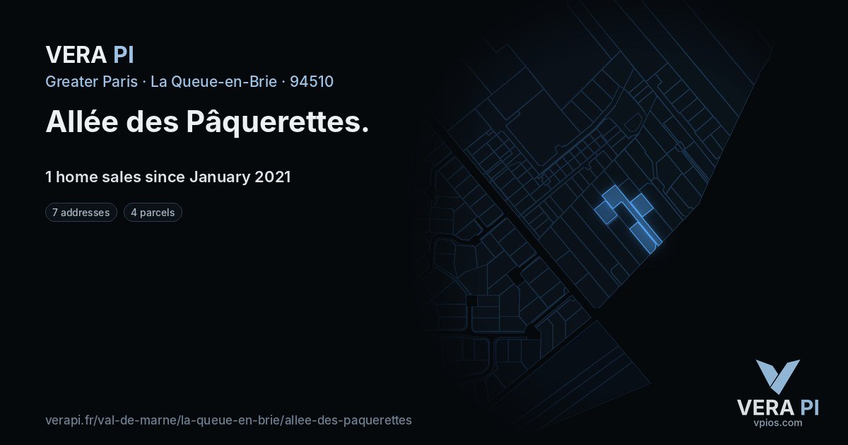 Allée des Pâquerettes, La Queue-en-Brie at night – every parcel coloured by the prices around it, the street's own parcels lit