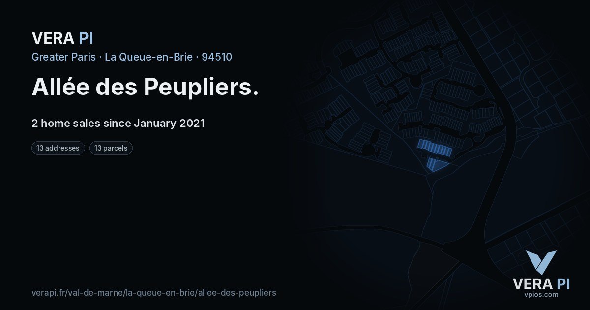 Allée des Peupliers, La Queue-en-Brie at night – every parcel coloured by the prices around it, the street's own parcels lit