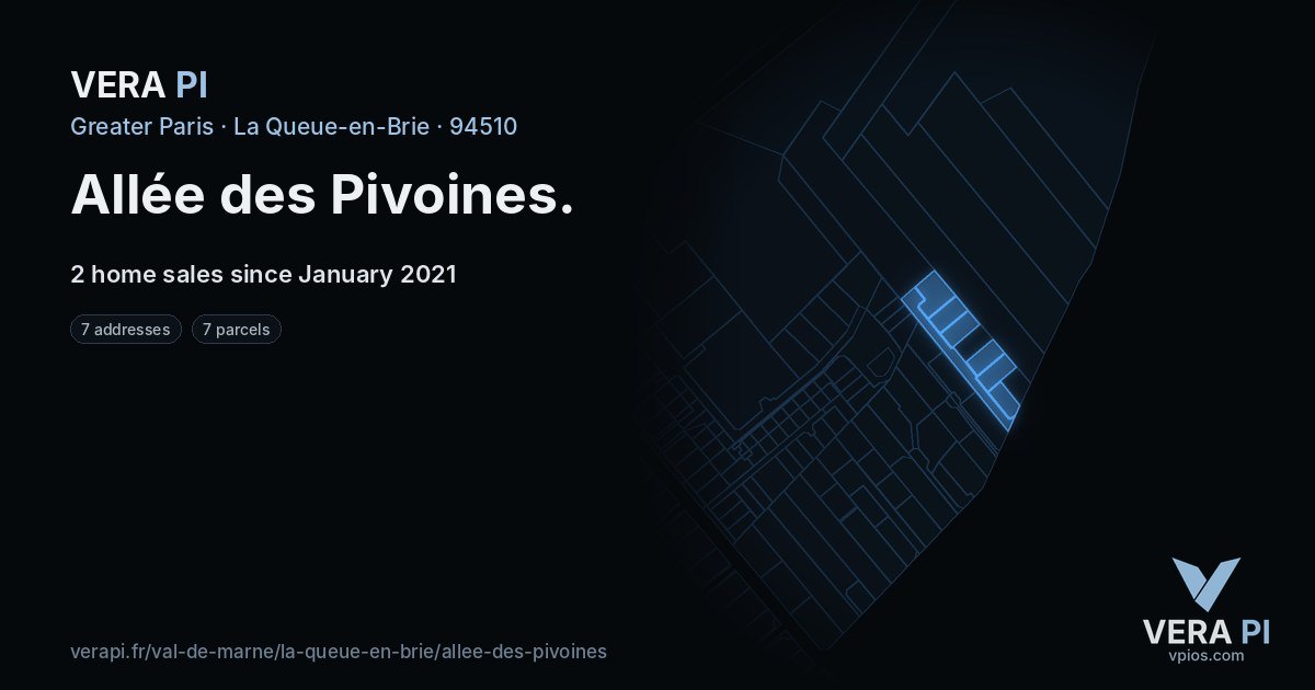Allée des Pivoines, La Queue-en-Brie at night – every parcel coloured by the prices around it, the street's own parcels lit