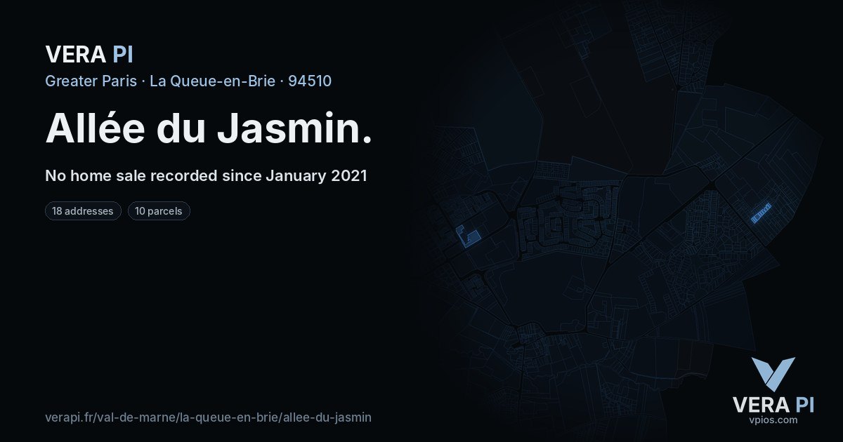 Allée du Jasmin, La Queue-en-Brie at night – every parcel coloured by the prices around it, the street's own parcels lit
