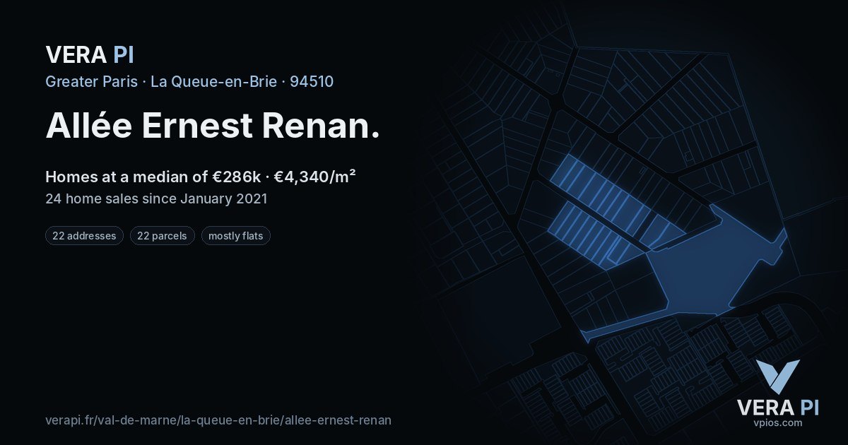 Allée Ernest Renan, La Queue-en-Brie at night – every parcel coloured by the prices around it, the street's own parcels lit