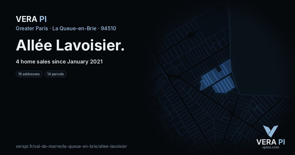 Allée Lavoisier, La Queue-en-Brie at night – every parcel coloured by the prices around it, the street's own parcels lit