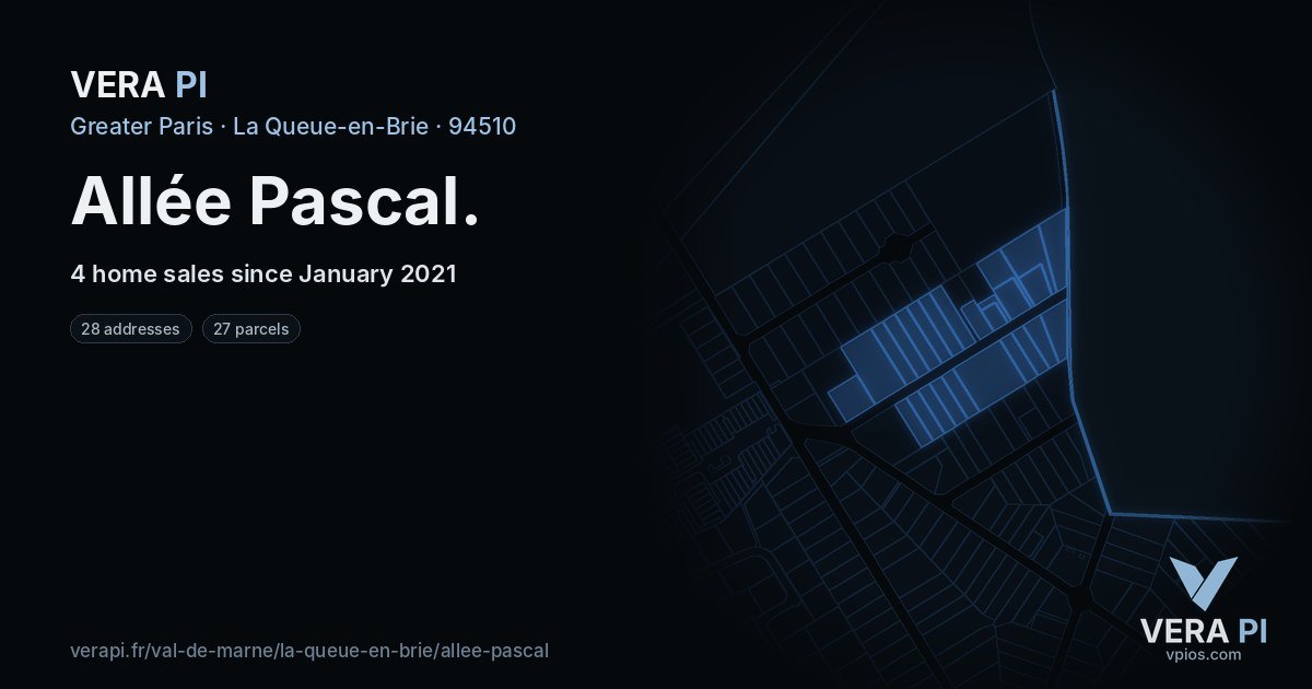 Allée Pascal, La Queue-en-Brie at night – every parcel coloured by the prices around it, the street's own parcels lit