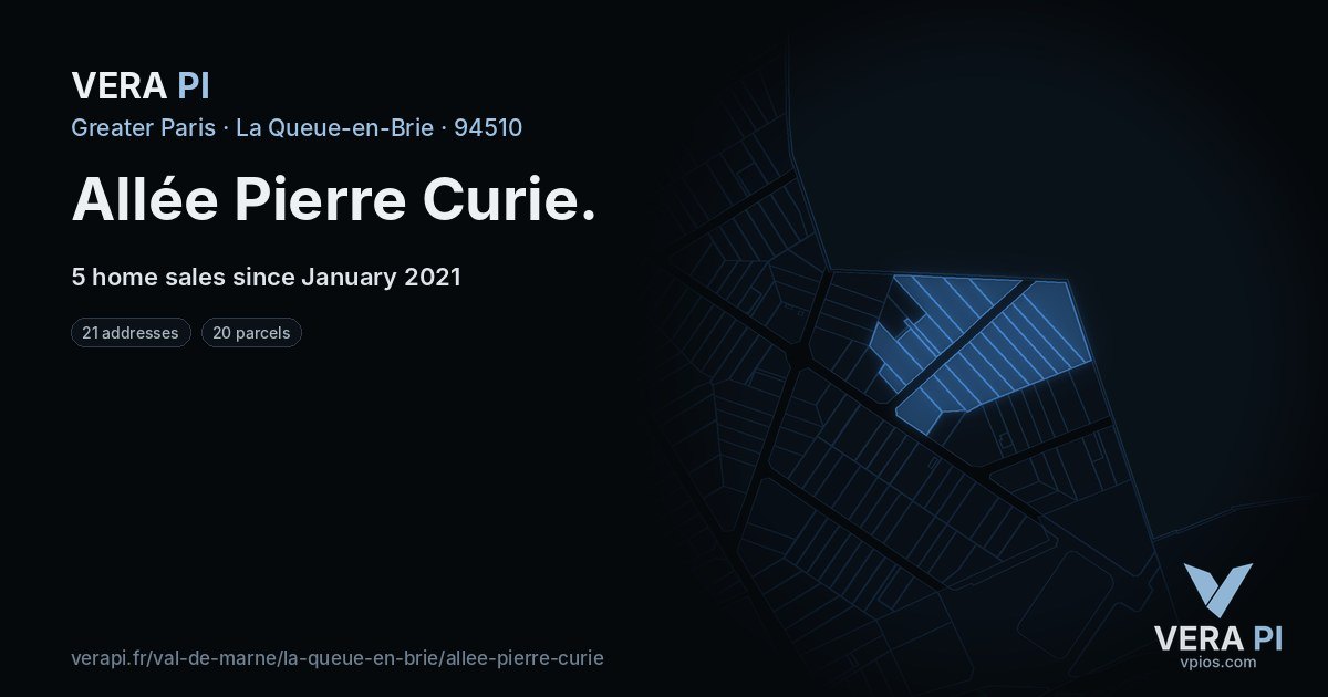 Allée Pierre Curie, La Queue-en-Brie at night – every parcel coloured by the prices around it, the street's own parcels lit