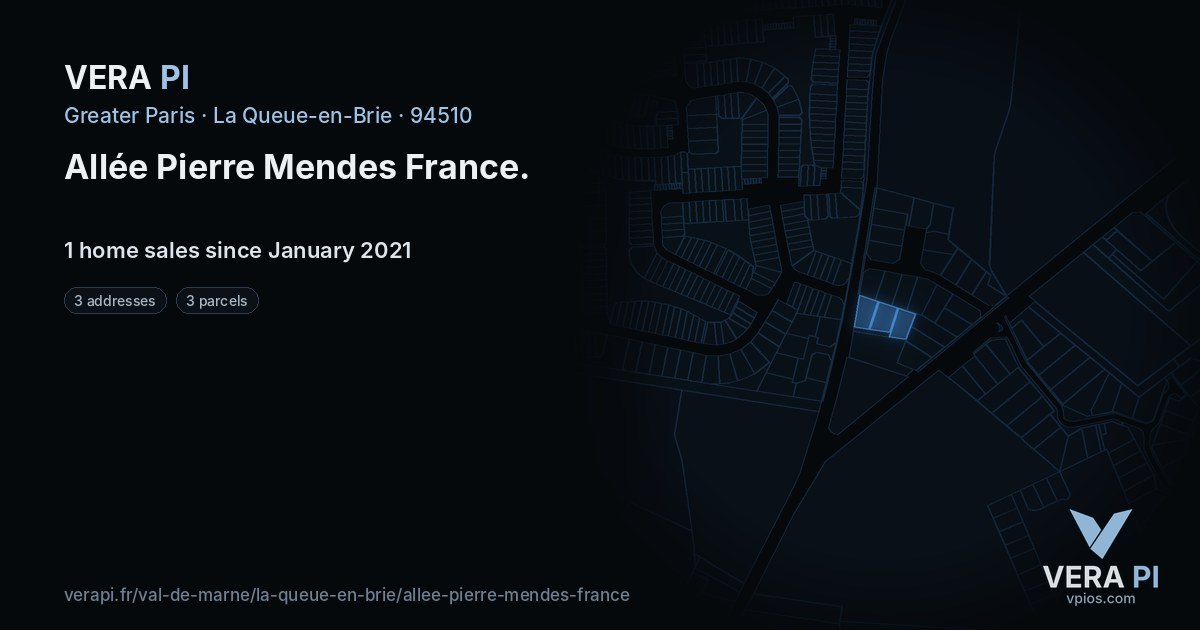 Allée Pierre Mendes France, La Queue-en-Brie at night – every parcel coloured by the prices around it, the street's own parcels lit