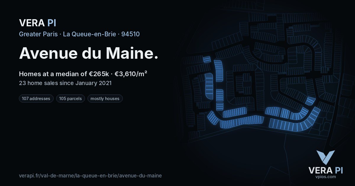 Avenue du Maine, La Queue-en-Brie at night – every parcel coloured by the prices around it, the street's own parcels lit