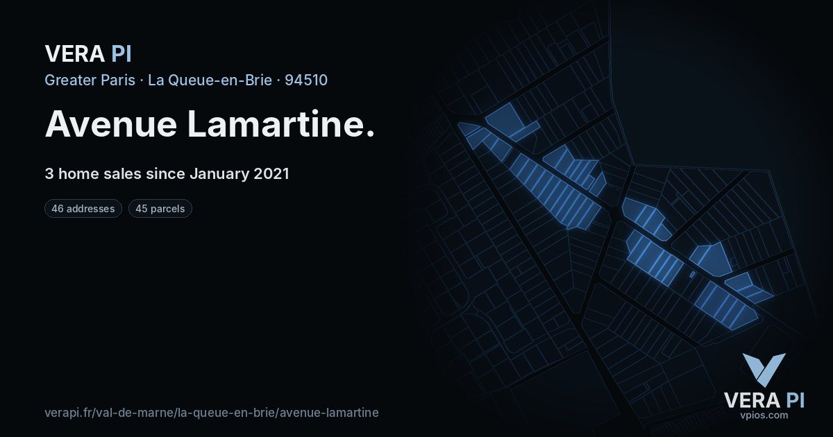Avenue Lamartine, La Queue-en-Brie at night – every parcel coloured by the prices around it, the street's own parcels lit