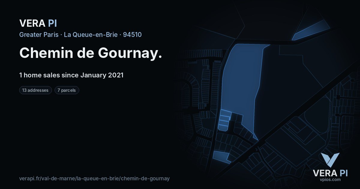 Chemin de Gournay, La Queue-en-Brie at night – every parcel coloured by the prices around it, the street's own parcels lit
