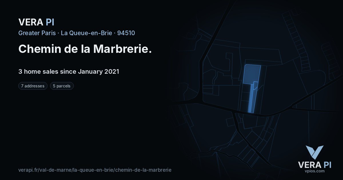 Chemin de la Marbrerie, La Queue-en-Brie at night – every parcel coloured by the prices around it, the street's own parcels lit