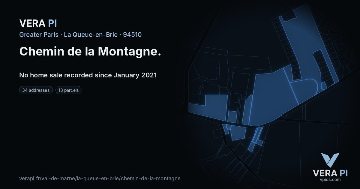 Chemin de la Montagne, La Queue-en-Brie at night – every parcel coloured by the prices around it, the street's own parcels lit