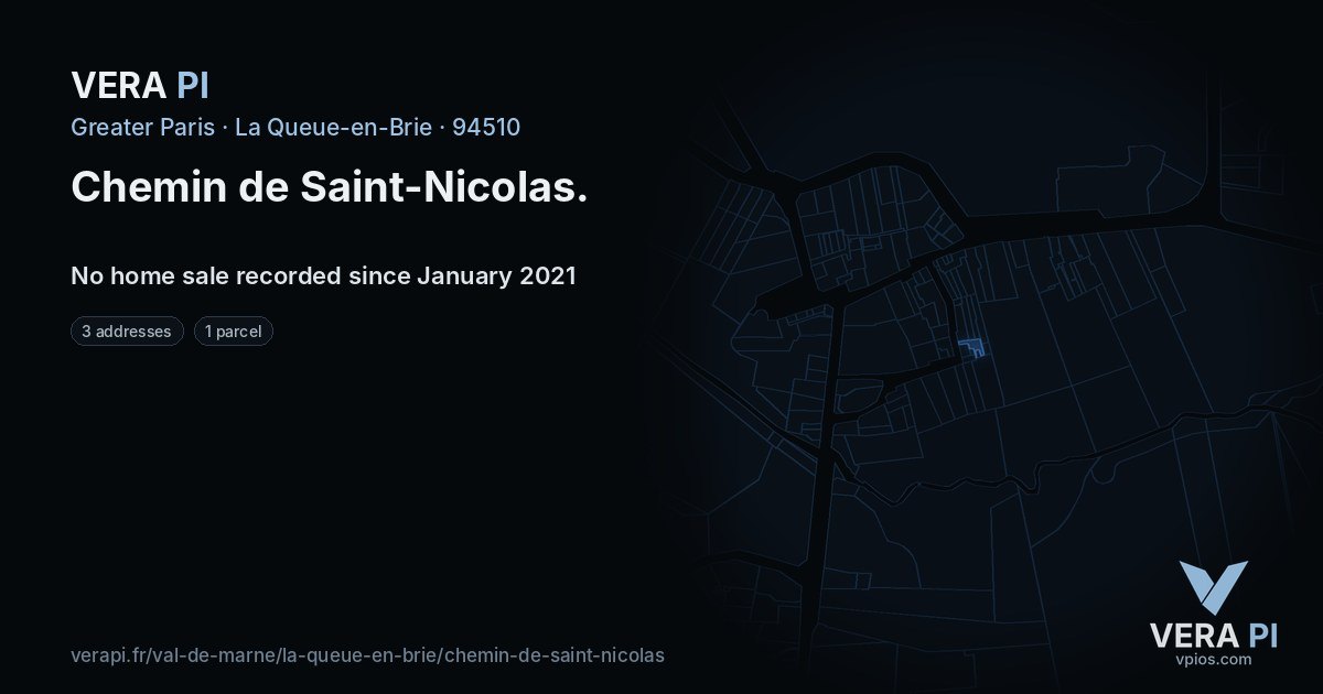 Chemin de Saint-Nicolas, La Queue-en-Brie at night – every parcel coloured by the prices around it, the street's own parcels lit