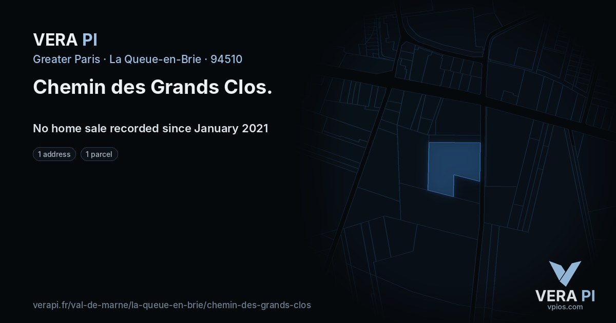 Chemin des Grands Clos, La Queue-en-Brie at night – every parcel coloured by the prices around it, the street's own parcels lit
