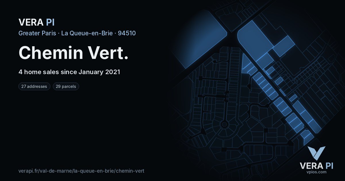 Chemin Vert, La Queue-en-Brie at night – every parcel coloured by the prices around it, the street's own parcels lit