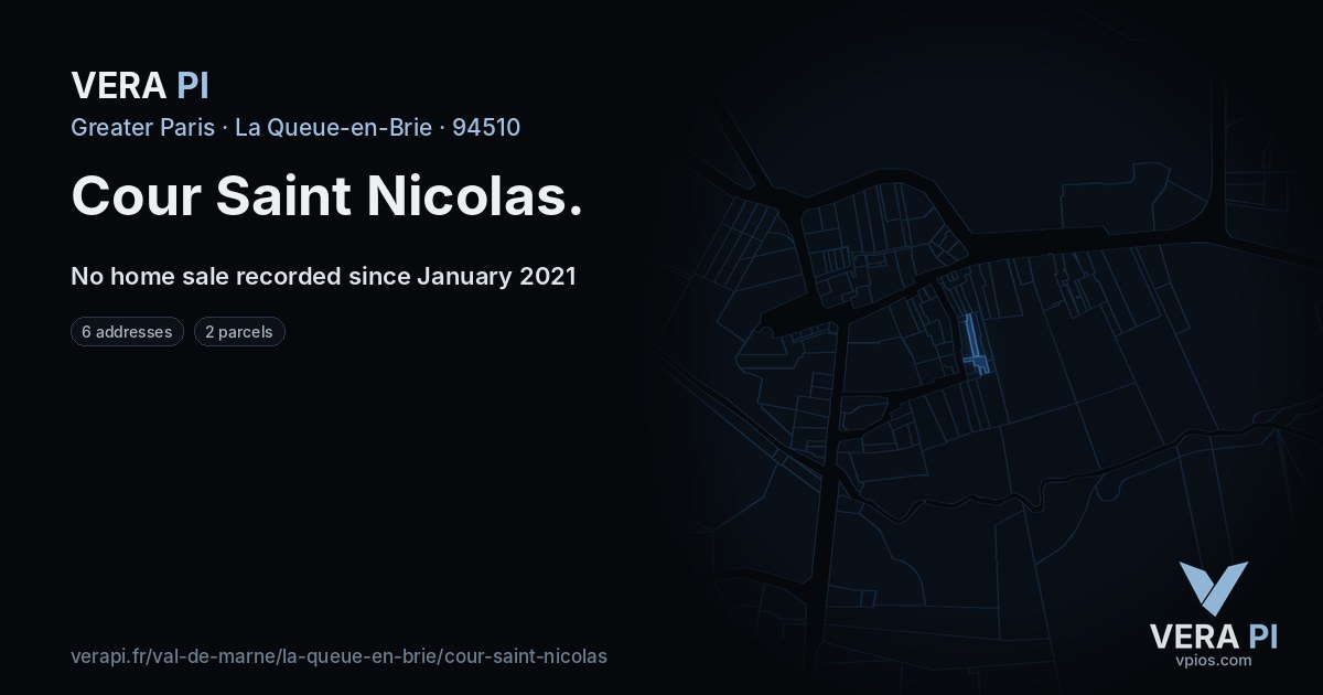 Cour Saint Nicolas, La Queue-en-Brie at night – every parcel coloured by the prices around it, the street's own parcels lit