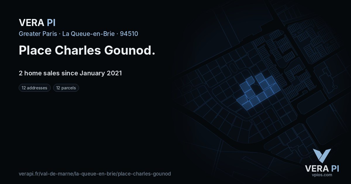 Place Charles Gounod, La Queue-en-Brie at night – every parcel coloured by the prices around it, the street's own parcels lit