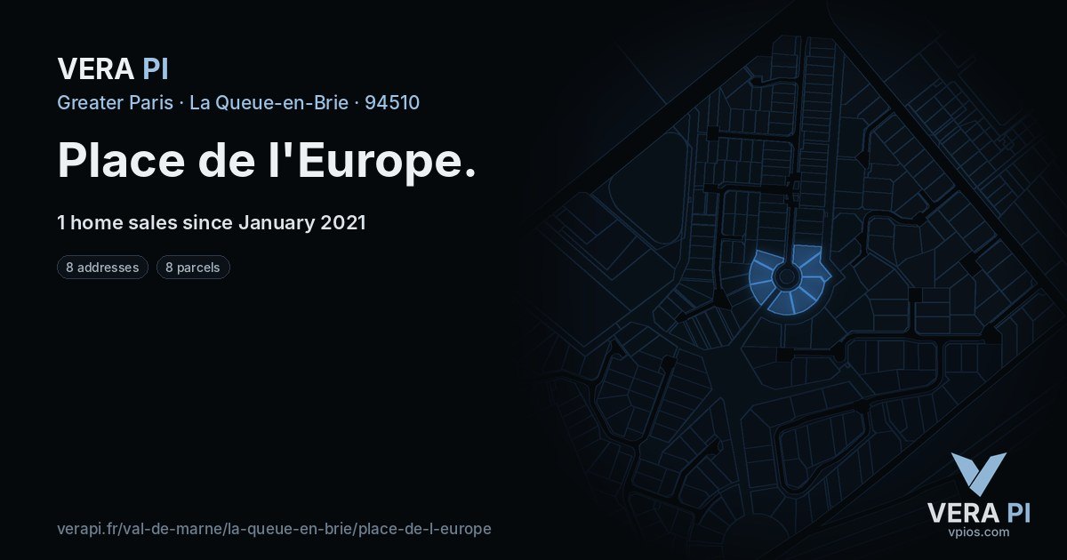 Place de l'Europe, La Queue-en-Brie at night – every parcel coloured by the prices around it, the street's own parcels lit