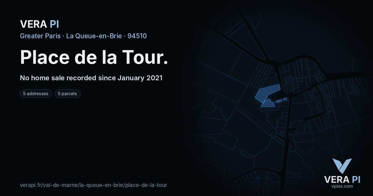 Place de la Tour, La Queue-en-Brie at night – every parcel coloured by the prices around it, the street's own parcels lit