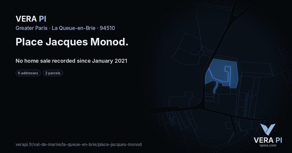 Place Jacques Monod, La Queue-en-Brie at night – every parcel coloured by the prices around it, the street's own parcels lit