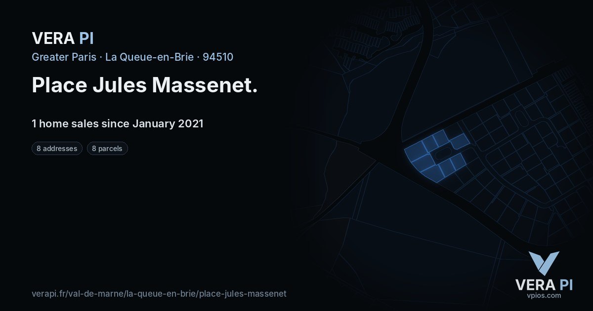 Place Jules Massenet, La Queue-en-Brie at night – every parcel coloured by the prices around it, the street's own parcels lit