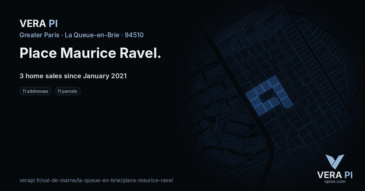 Place Maurice Ravel, La Queue-en-Brie at night – every parcel coloured by the prices around it, the street's own parcels lit