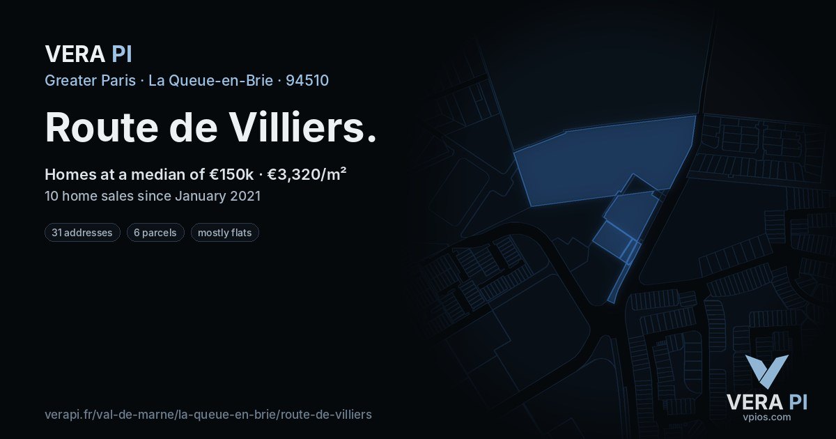 Route de Villiers, La Queue-en-Brie at night – every parcel coloured by the prices around it, the street's own parcels lit