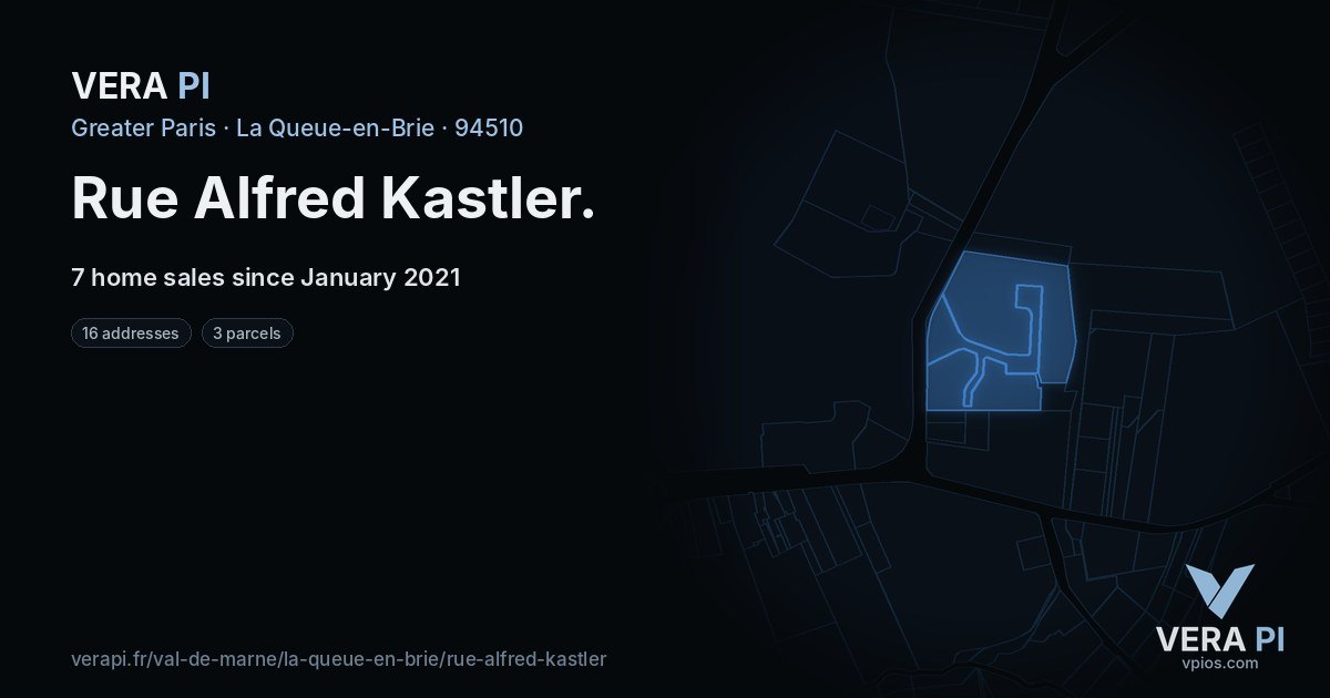 Rue Alfred Kastler, La Queue-en-Brie at night – every parcel coloured by the prices around it, the street's own parcels lit