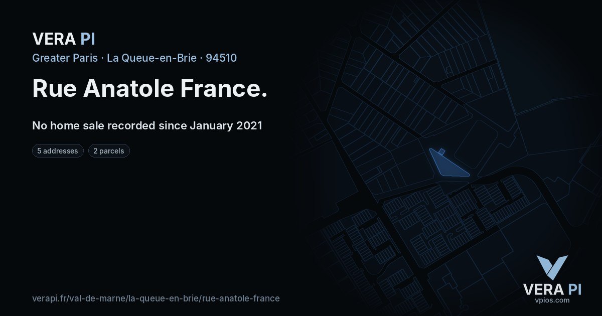 Rue Anatole France, La Queue-en-Brie at night – every parcel coloured by the prices around it, the street's own parcels lit