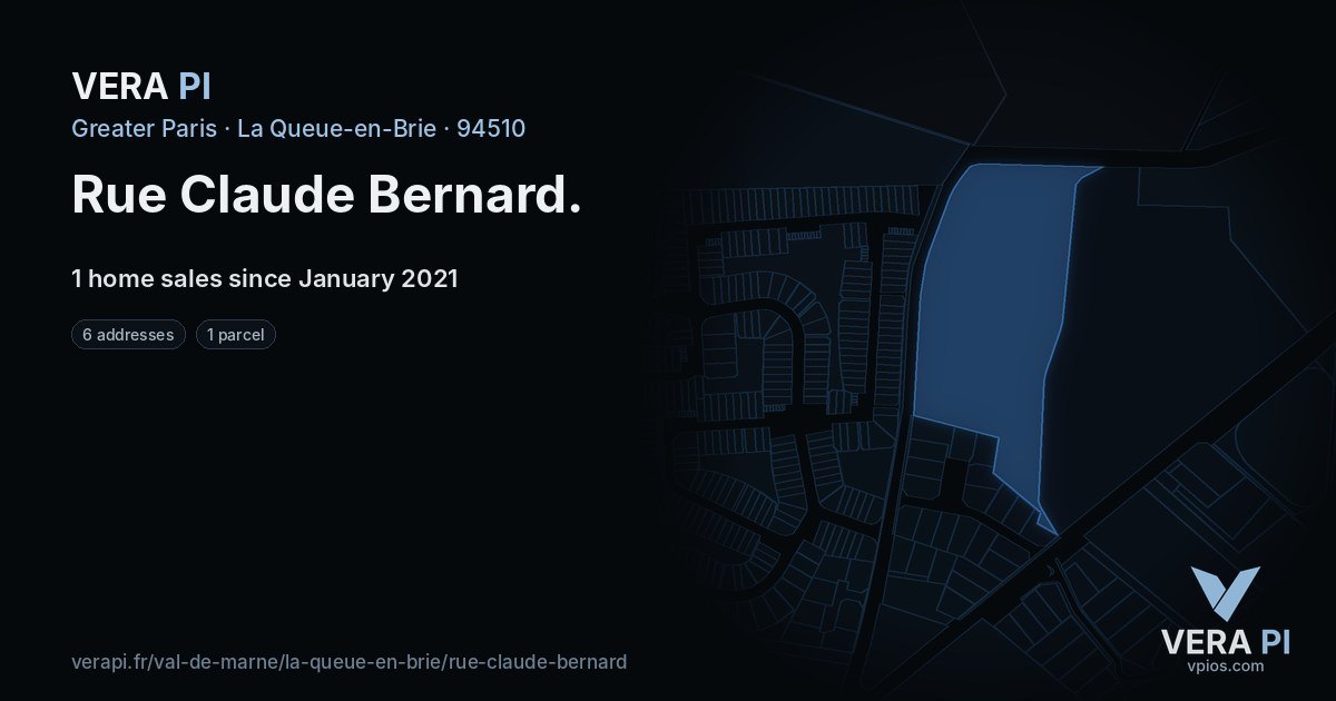 Rue Claude Bernard, La Queue-en-Brie at night – every parcel coloured by the prices around it, the street's own parcels lit