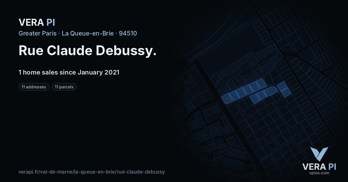Rue Claude Debussy, La Queue-en-Brie at night – every parcel coloured by the prices around it, the street's own parcels lit