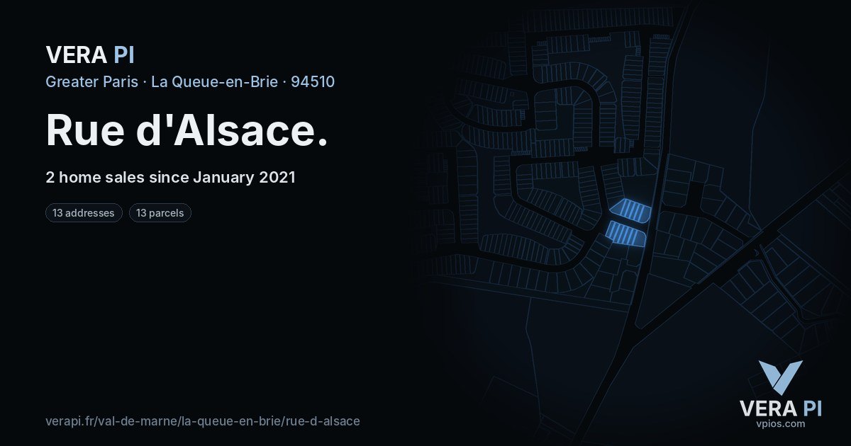 Rue d'Alsace, La Queue-en-Brie at night – every parcel coloured by the prices around it, the street's own parcels lit