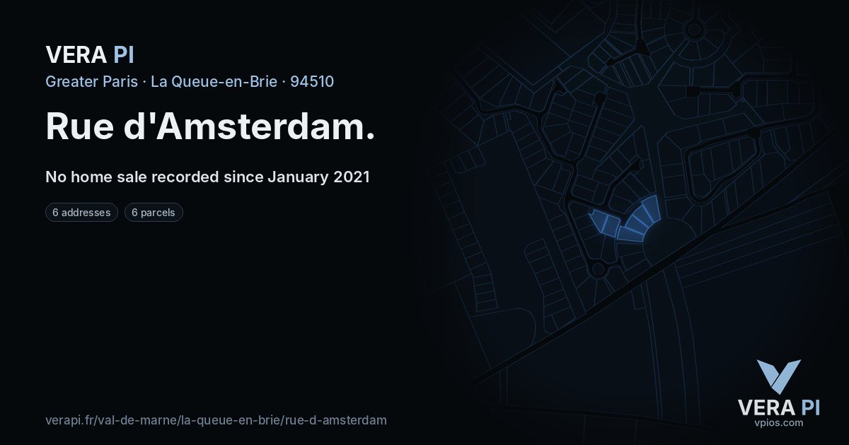 Rue d'Amsterdam, La Queue-en-Brie at night – every parcel coloured by the prices around it, the street's own parcels lit