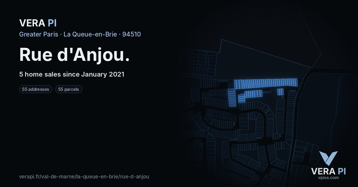 Rue d'Anjou, La Queue-en-Brie at night – every parcel coloured by the prices around it, the street's own parcels lit