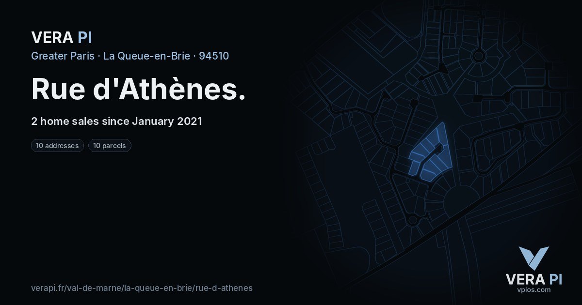 Rue d'Athènes, La Queue-en-Brie at night – every parcel coloured by the prices around it, the street's own parcels lit