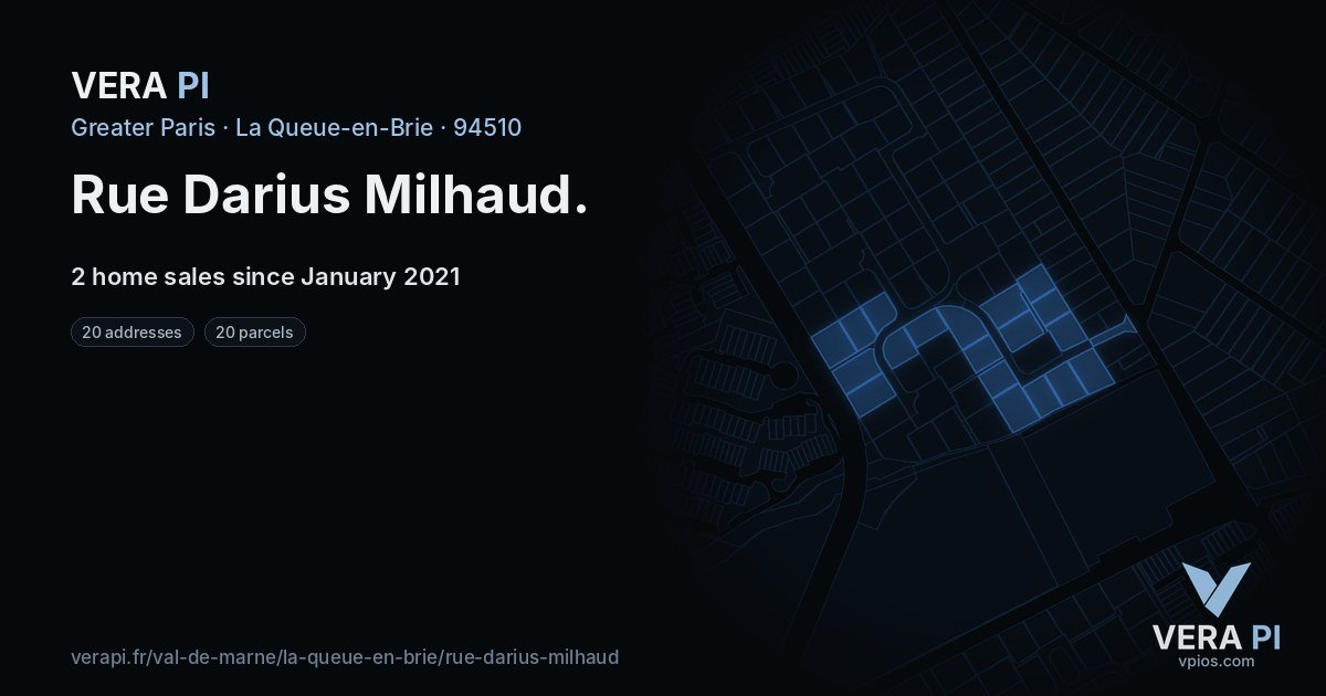 Rue Darius Milhaud, La Queue-en-Brie at night – every parcel coloured by the prices around it, the street's own parcels lit