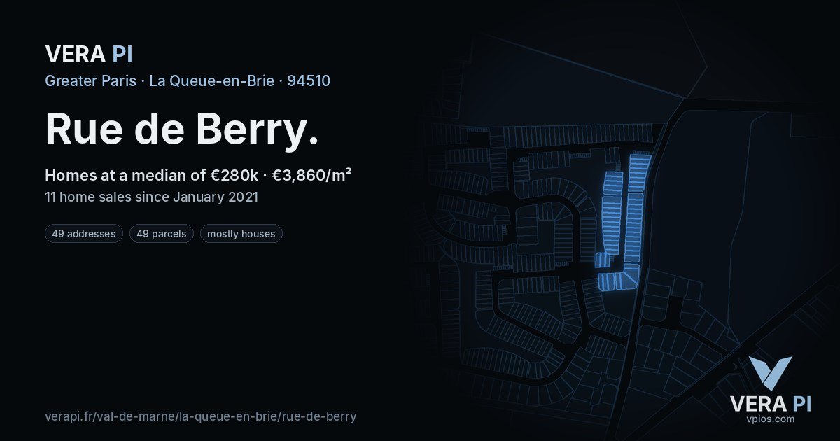 Rue de Berry, La Queue-en-Brie at night – every parcel coloured by the prices around it, the street's own parcels lit