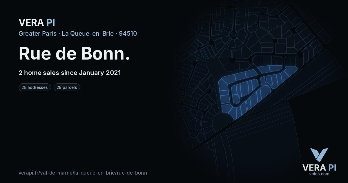 Rue de Bonn, La Queue-en-Brie at night – every parcel coloured by the prices around it, the street's own parcels lit