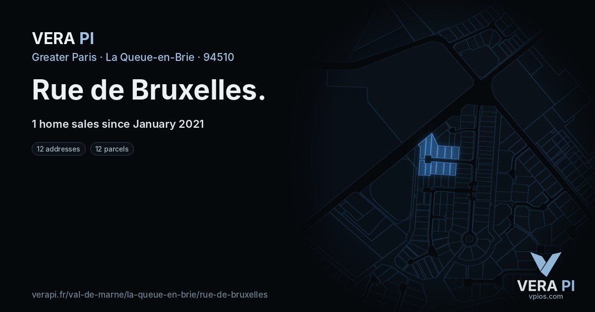Rue de Bruxelles, La Queue-en-Brie at night – every parcel coloured by the prices around it, the street's own parcels lit