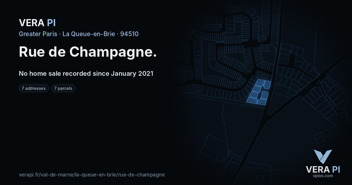 Rue de Champagne, La Queue-en-Brie at night – every parcel coloured by the prices around it, the street's own parcels lit