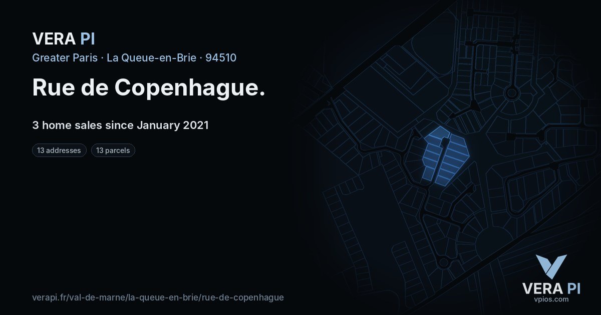 Rue de Copenhague, La Queue-en-Brie at night – every parcel coloured by the prices around it, the street's own parcels lit